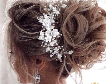 Bridal Hair Piece Porcelain Ceramic White Flower Pearl Hair Vine, Wedding Hair Piece,Wedding Headband, Wedding hair vine pearl headband boho