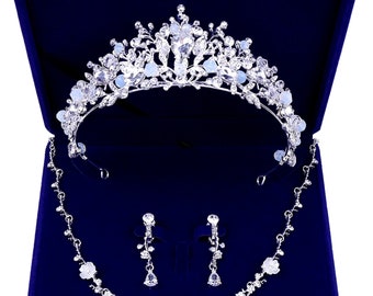 Set di gioielli da sposa con perline di cristallo barocche fatte a mano, orecchini con collana e diadema con corona di strass, accessori da sposa, diadema blu/argento