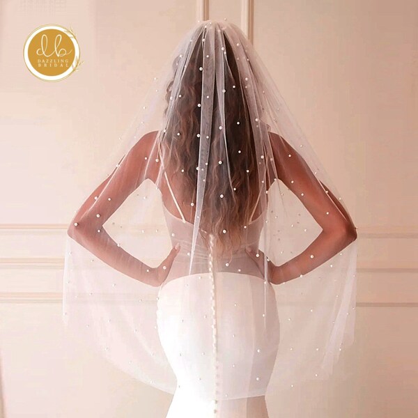 Pearl Wedding Veil Wedding Veil Scattered Pearl Veil Bridal Tulle,Elbow Fingertip Capel Cathedral Length Simple Single layer Veil with Pearl