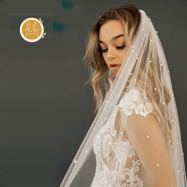 Scattered Pearl Veil with comb on Soft Bridal Tulle, Elbow Fingertip Capel Cathedral Royal Length Pearl Veil Tulle Pearl Veil, Single layer