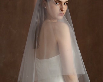 Scattered Rhinestone Wedding Veil with Blusher, Rhinestone Bridal Veil,Wedding Veil, Ivory Veil, Fingertip Veil,Crystal Bridal Veil 2 Layers