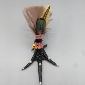 CHICKEN FOOT, PROTECTION charm, talisman, skull,bell, faux pearls