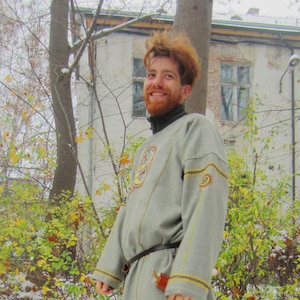 The beautiful  woollen tunic, 4 Horses of God Frey, historical pattern, ab 600 CE, hand sewn, hand embroidered, Viking Age or Vendel Age