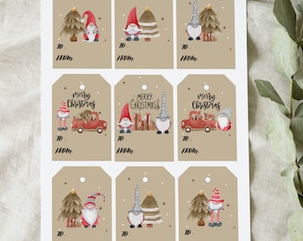 May include: Sheet of brown paper gift tags with watercolor illustrations of Christmas gnomes, trees, and red trucks. Some tags have the text "Merry Christmas". Each tag has "To" and "From" lines.