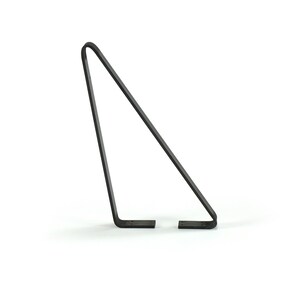 May include: A minimalist, dark metal display stand. The stand has a triangular shape with a curved top and two flat feet. The design is simple and modern, suitable for displaying various items.