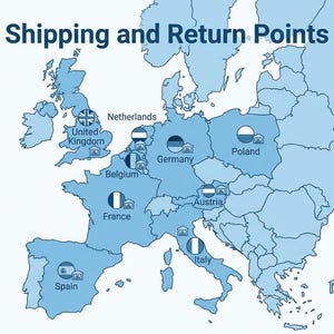Op de afbeelding: Een lichtblauwe kaart van Europa met de tekst "Shipping and Return Points". Vlaggen en pictogrammen markeren locaties in verschillende landen, waaronder het Verenigd Koninkrijk, Frankrijk, Duitsland en Itali&euml;. Retourlocaties zijn ook aangegeven.