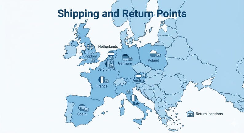 Op de afbeelding: Een lichtblauwe kaart van Europa met de tekst "Shipping and Return Points". Vlaggen en pictogrammen markeren locaties in verschillende landen, waaronder het Verenigd Koninkrijk, Frankrijk, Duitsland en Itali&euml;. Retourlocaties zijn ook aangegeven.