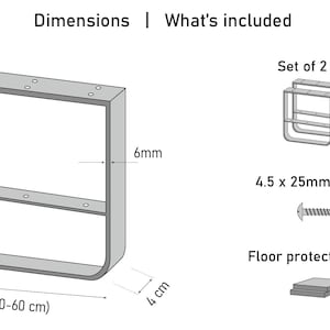 Op de afbeelding: Diagram van een metalen tafelpoten met afmetingen. De poot is rechthoekig met afgeronde hoeken, 30-40 cm hoog en 30-60 cm breed. Inclusief schroeven, vloerbeschermingspads en een set van twee poten.
