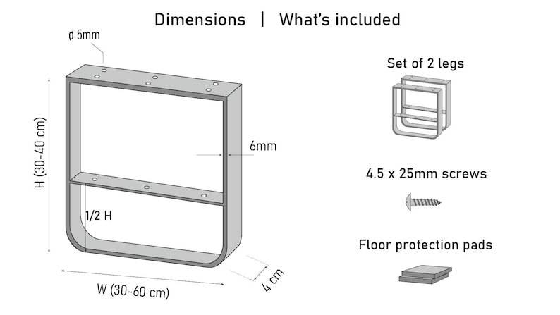 Op de afbeelding: Diagram van een metalen tafelpoten met afmetingen. De poot is rechthoekig met afgeronde hoeken, 30-40 cm hoog en 30-60 cm breed. Inclusief schroeven, vloerbeschermingspads en een set van twee poten.