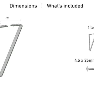 Puede incluir: Diagrama de una pata de mesa met&aacute;lica gris en forma de V, con dimensiones. La imagen tambi&eacute;n incluye un diagrama m&aacute;s peque&ntilde;o de una sola pata y un tornillo con el texto "4,5 x 25 mm tornillos". El texto "Dimensiones | Qu&eacute; est&aacute; incluido" est&aacute; en la parte superior.