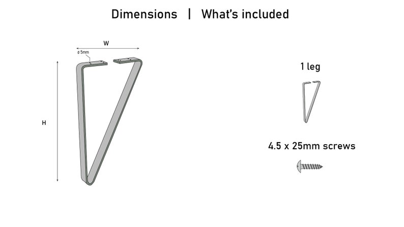 Puede incluir: Diagrama de una pata de mesa met&aacute;lica gris en forma de V, con dimensiones. La imagen tambi&eacute;n incluye un diagrama m&aacute;s peque&ntilde;o de una sola pata y un tornillo con el texto "4,5 x 25 mm tornillos". El texto "Dimensiones | Qu&eacute; est&aacute; incluido" est&aacute; en la parte superior.