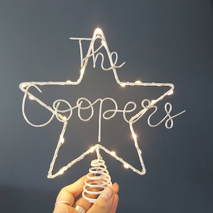 Personalised Christmas tree topper - white star wire tree topper - personalised tree topper -   family name wire tree topper - led star