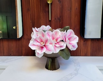 Real Touch Magnolia Flower Arrangement Golden Urn | White pink Silk Flowers | Everlasting | Faux Florals | Artificial Blooms | Gift for Wife