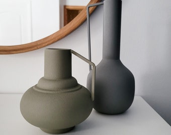 Modern Abstract Grey Vase | Set of Vases | Gray Vases | Metal Vases | Vase with Handles | Contemporary Decor | Stand Alone | Minimalistic