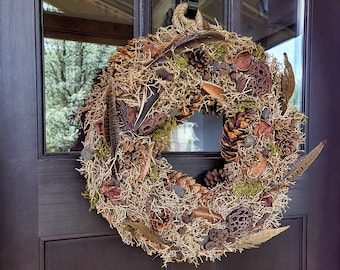 Natural Mixed Wreath | Forest | Rustic | Woodland | Moss | Front Door Pine Cones | All Year | Brown Cottage | Fall wreath| Pheasant Feather