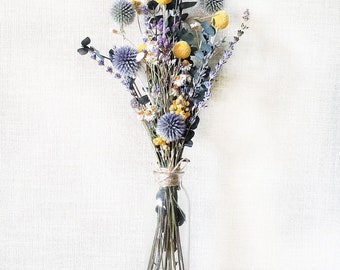 Dried Flower Blue Thistle & Billy Balls Bouquet | Dried Flower Bouquet | Purple Yellow Flowers | Preserved Lavender | Preserved Echinops