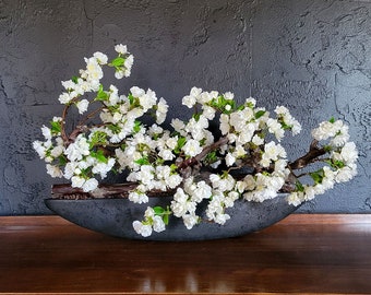 Artificial Real Touch White Cherry Blossom in Black Boat Vase | Faux Flower Centerpiece | Mantle Decor | Table Arrangement | Home Decoration