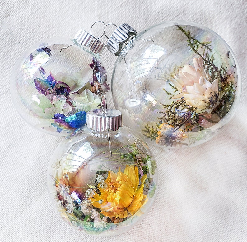Dried Flowers Christmas Ornaments Iridescent Glass Ornament Etsy