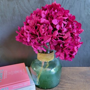 May include: A bouquet of vibrant magenta hydrangeas in a clear, green glass vase. The vase is adorned with twine around the neck. Two books with pink covers are visible on a wooden surface.