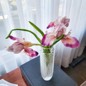 15.5" Artificial Iris Bundle – Purple White Yellow Faux Flowers – Realistic Floral for Small Vases