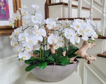 Real Touch Orchid Oasis Arrangement | Artificial Flowers | Faux Florals | Real Wood | Entry Way Decor | Anniversary Gift | White Orchids