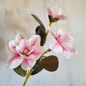 Real Touch Magnolia Flower Branch 32&quot; | White pink Silk Flowers | Everlasting | Faux Florals | Artificial Blooms | Gift for Girlfriend