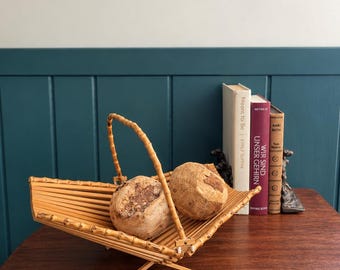 Vintage Japanese Bamboo Folding Basket | Collapsible Fruit Basket | Mid Century Slatted Wood Basket | Boho Japandi Decor