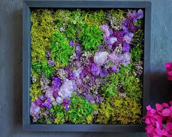 Preserved Moss Frame w Gems / Crystals | Amethyst | Moss Art | Citrine Stone | Customization | Wall Art | Moss Decor | Accent piece | Mossy