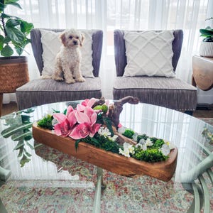 Natural Wooden Orchid Centerpiece with Real Touch Flowers & Crystals – Moss Table Decor | Preserved Moss | Flower Arrangement | Home Office