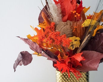 Fall Flower Bouquet | Preserved Flowers | Dried Flowers | Oak Leaves | Autumn Colors | Fall Flower Arrangement | Bouquet w Vase | Orange