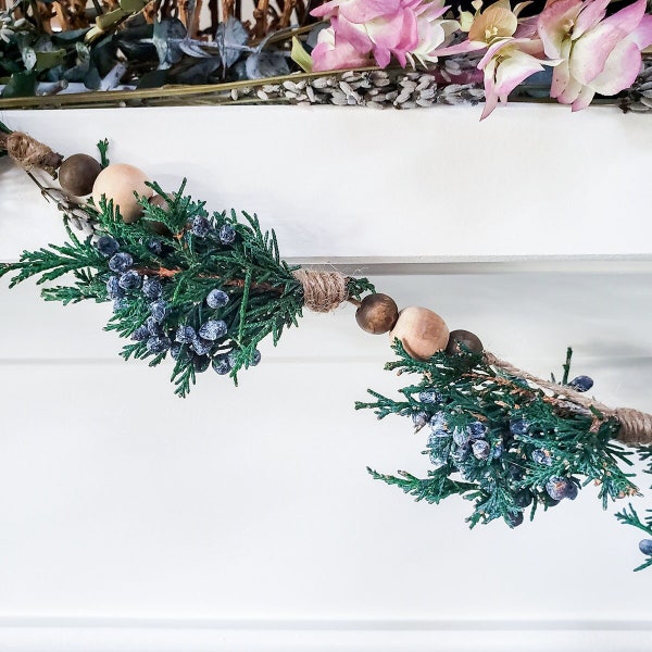 Evergreen Beaded Tassel Garland 5 FT | Preserved Juniper Garland | Woodland Theme Decor | Winter Mantel Decoration | Rustic Christmas Tree