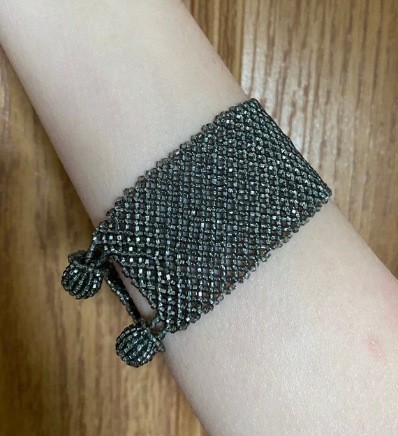 Vintage Beaded Cuff Bracelet /Dark Grey, Silver / 