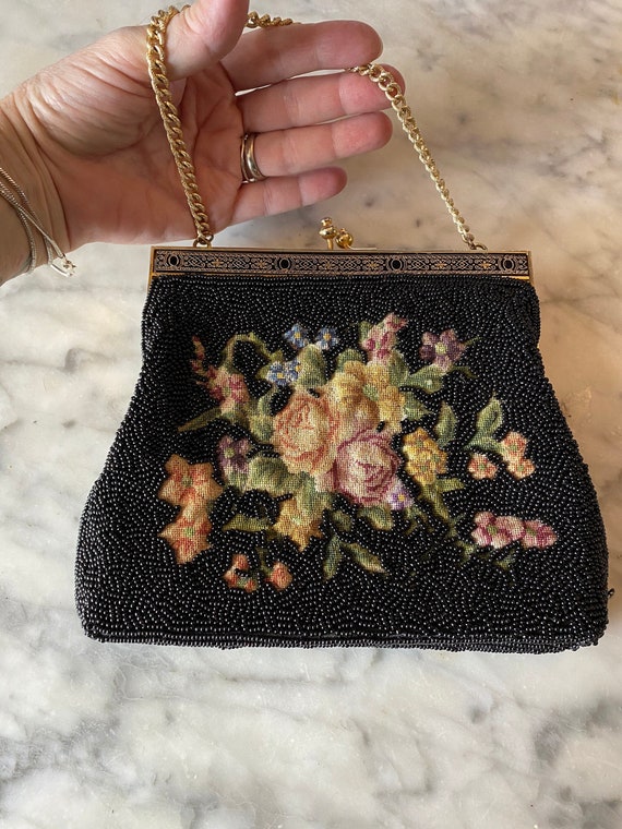 Antique Black Beaded and Needlepoint Evening Purse, Vintage 1950s Beaded  Bag with Tapestry