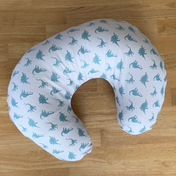 Flannel White and Teal Dinosaur Nursing Pillow Cover