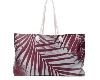 Burgundy & Gray Palm Tree Leaves Weekender Bag