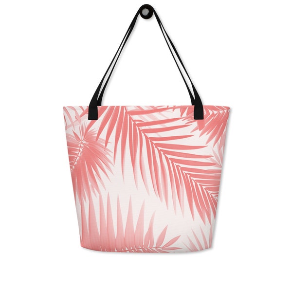 Coral Palm Tree Leaves All-Over Print Large Tote Bag With Inside Pocket
