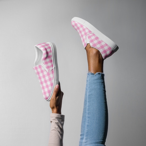 Chaussures en toile à enfiler en vichy rose pour femmes, baskets décontractées