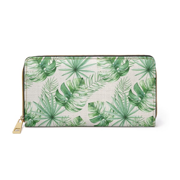 Monstera & Palm Leaves Neutral Design Vegan Leather Zipper Wallet