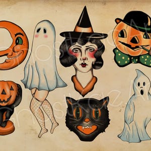 May include: A collection of vintage-style Halloween illustrations. The images include a smiling crescent moon, a ghost, a witch, a jack-o'-lantern, a black cat, and a second ghost. The color palette features orange, black, and white.