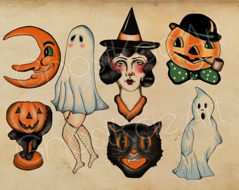 Puede incluir: Una colección de ilustraciones de Halloween de estilo vintage. Las imágenes incluyen una luna creciente sonriente, un fantasma, una bruja, una calabaza, un gato negro y un segundo fantasma. La paleta de colores presenta naranja, negro y blanco.