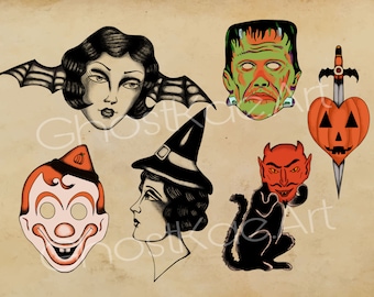 Traditional Tattoo Style Halloween Flash Sheet Art Print