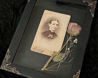 Antique Victorian Cabinet Card Woman With Pressed Flower Framed Display Shadow Box Oddity