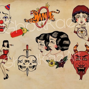 Traditional Tattoo Style Circus / Freakshow Flash Sheet Art Print