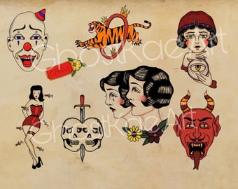 Traditionell tatueringsstil cirkus / Freakshow Flash Sheet konsttryck