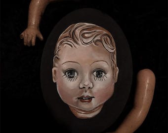 Spooky Antique Style Doll Head Painting Oddity Art