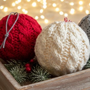 May include: Three spherical ornaments featuring a chunky cable knit texture in red, cream, and gray. Each ornament has a hanging loop attached to the top. The ornaments are arranged in a wooden tray with small green pine sprigs and red berries.
