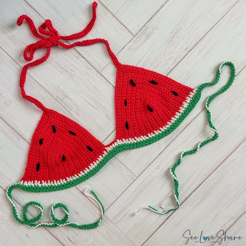 Crochet Bikini top laying flat in a watermelon print