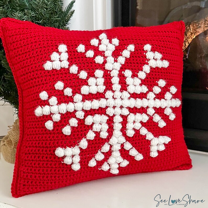 Snowflake Bobble Stitch Pillow Crochet PATTERN Pillow Christmas Cover Farmhouse Decor Crochet Cushion Pattern Holiday DIY Handmade image 3