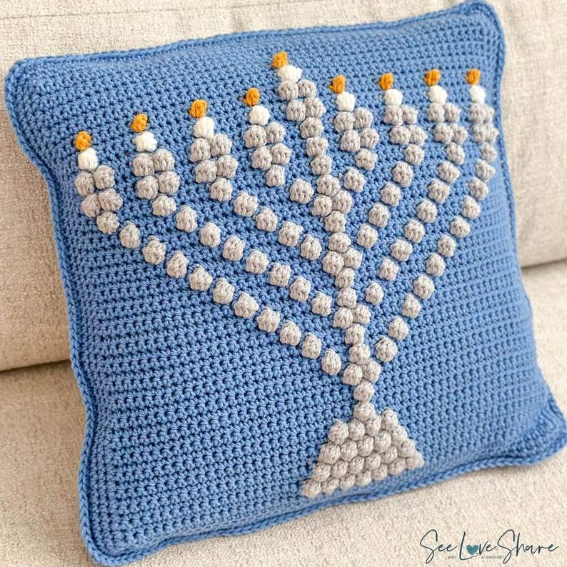 Menorah Bobble Stitch Pillow CROCHET Pattern hanukkah decor, holiday, festival of lights handmade, farmhouse hanukah hannukah Chanukah image 4