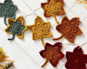Gehaakte esdoornbladslinger, versiering of couvert in de herfst | DIY herfstdecor | Directe pdf-download | Boerderij chic
